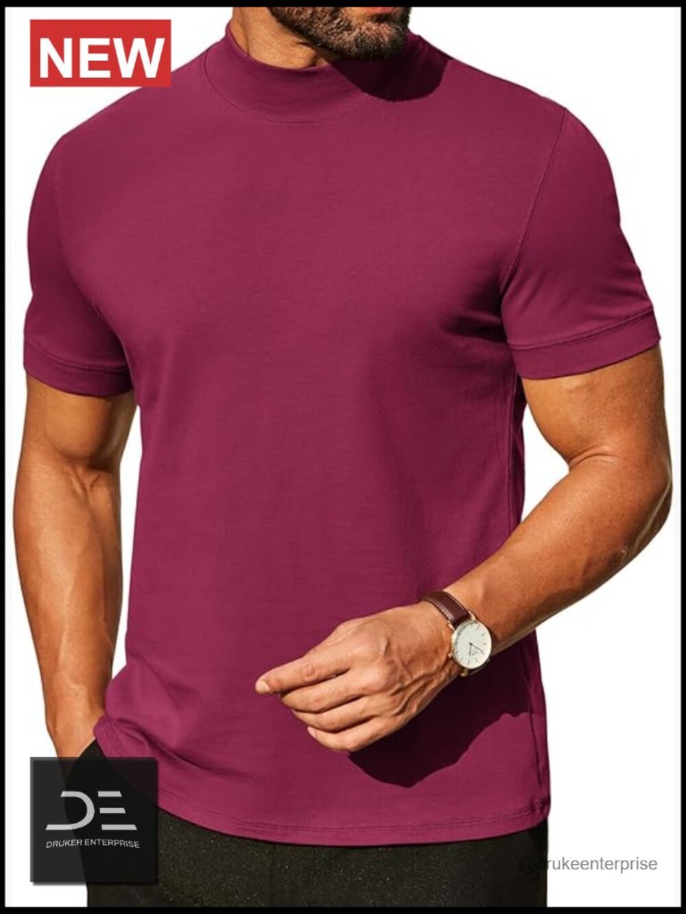 Premium Cotton Mock Neck Short Sleeve T-Shirt Slim Fit Stretchable